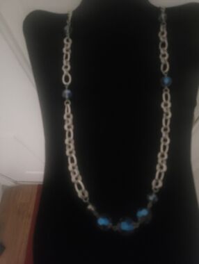 Silver Chain Necklace with Blue Bead Accents